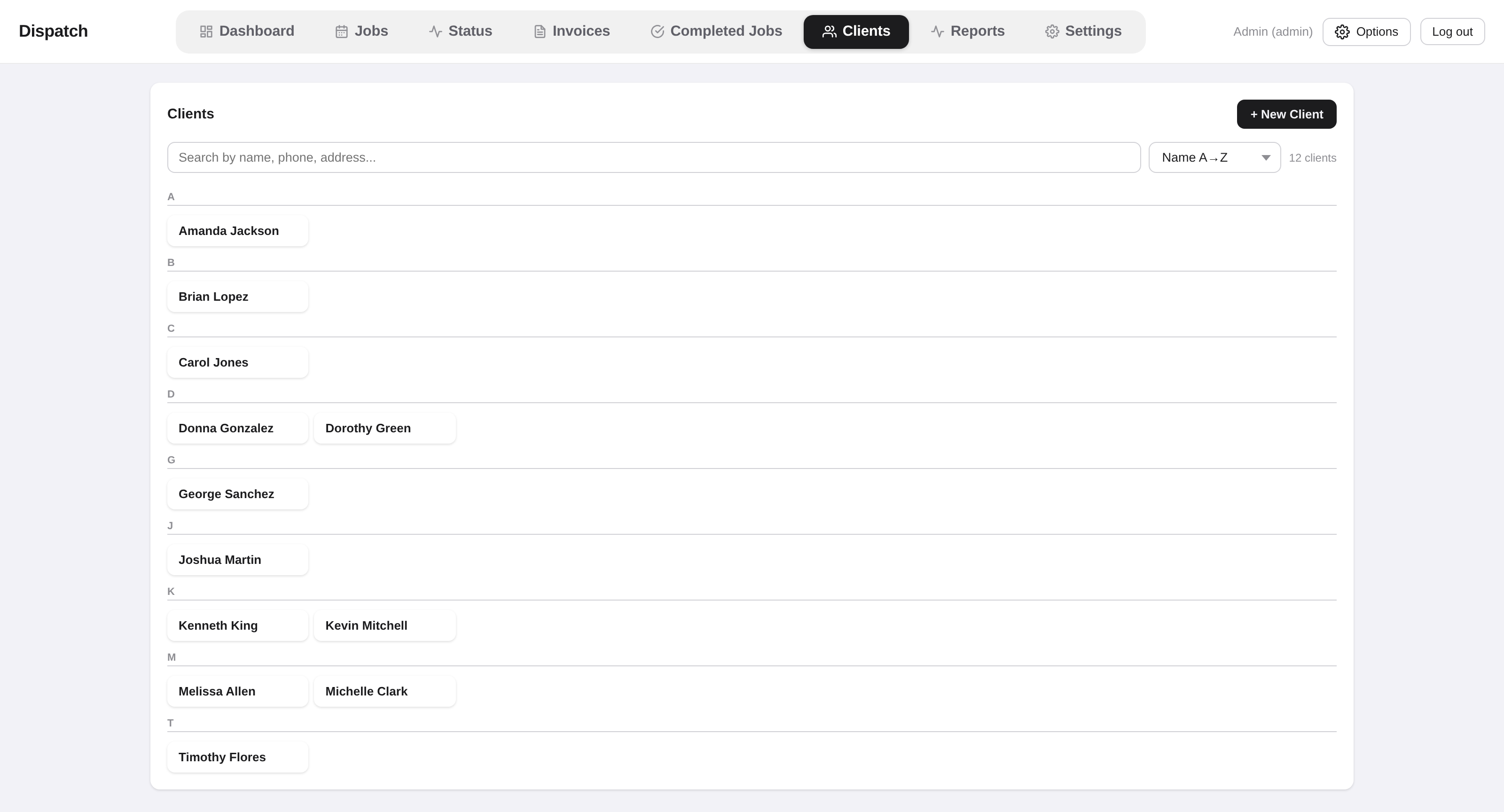 Searchable client directory grouped alphabetically