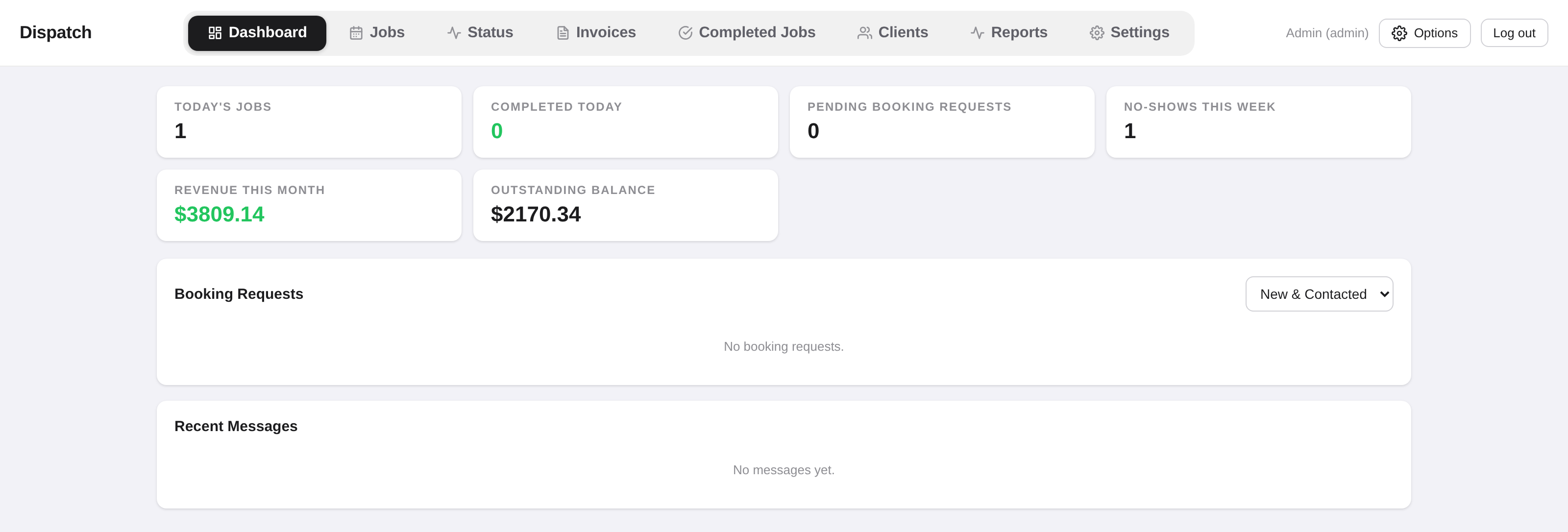Dashboard with today's jobs, revenue, and outstanding balance