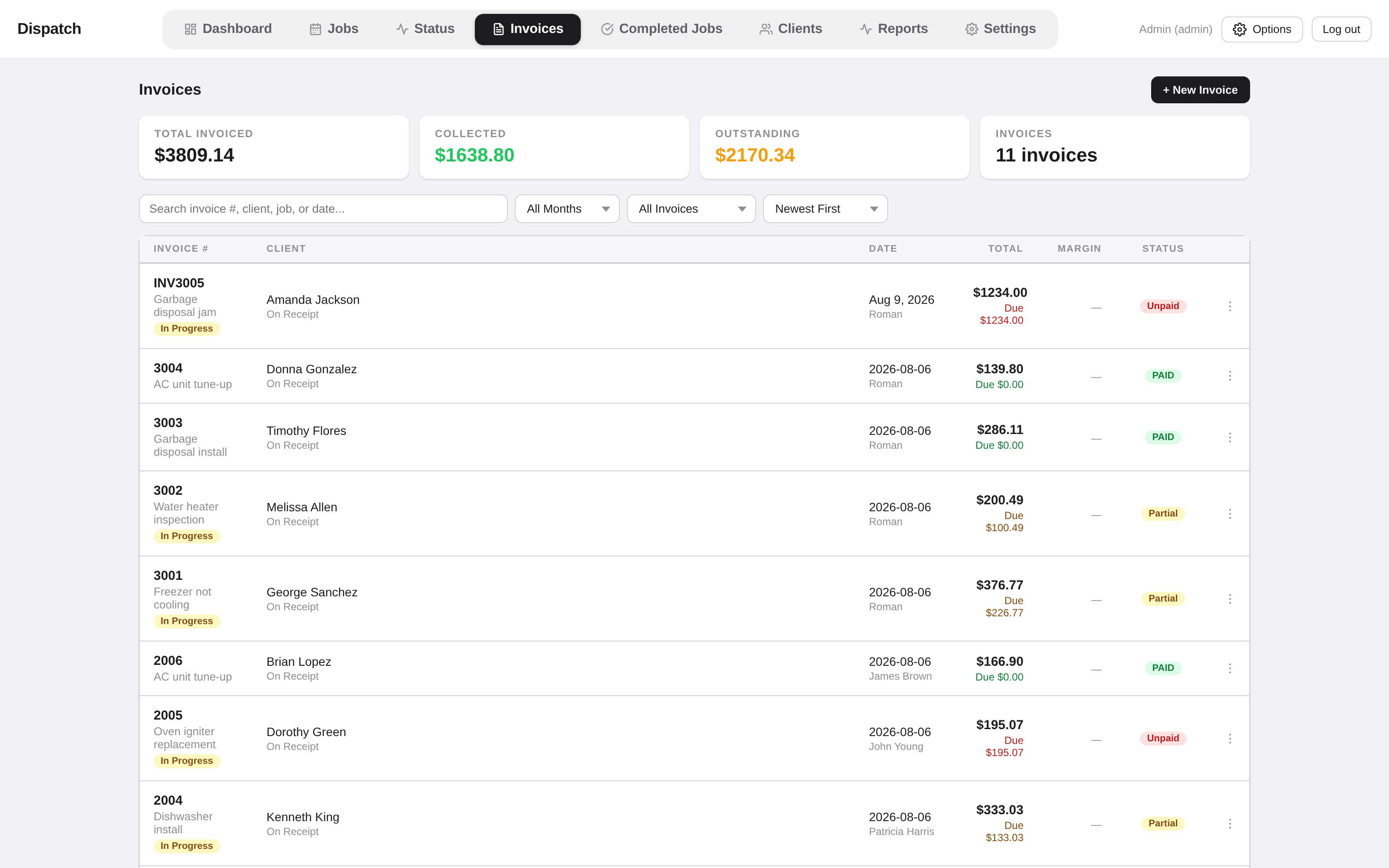 Invoices list with totals and status