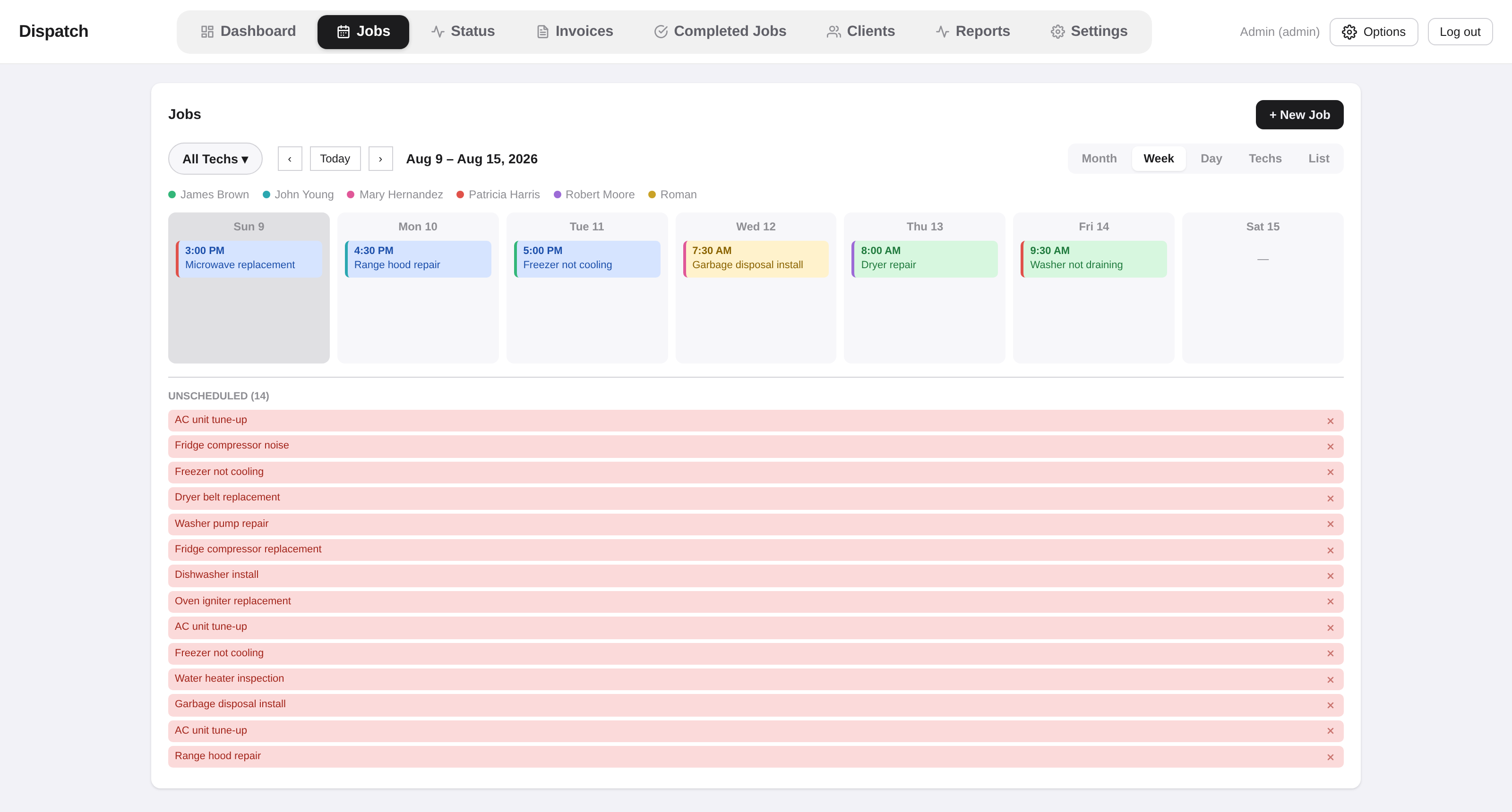 Jobs board, week view, with unscheduled queue