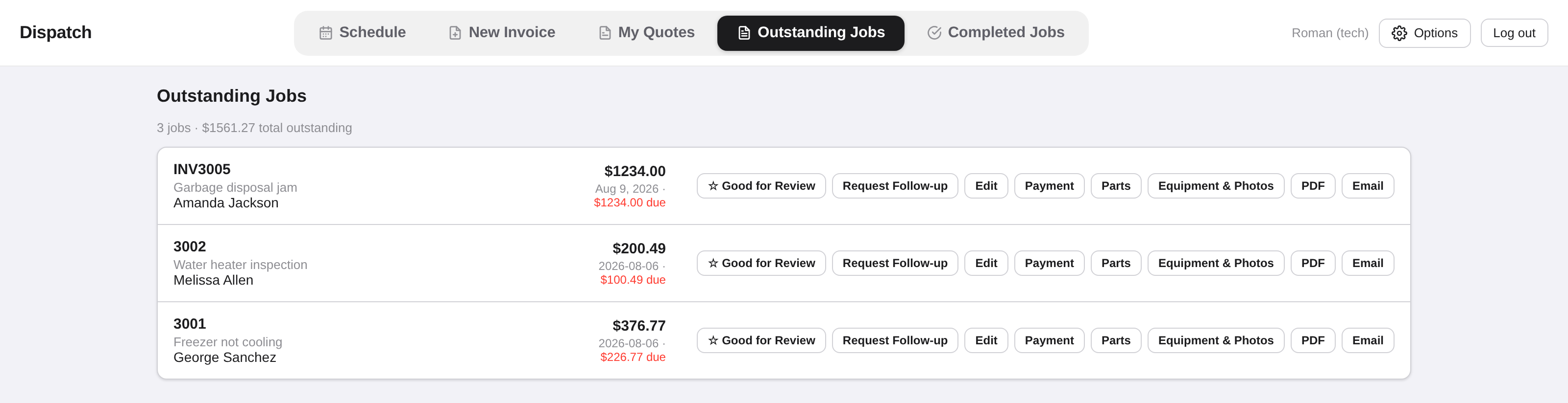 Tech's Outstanding Jobs view with follow-up and review actions