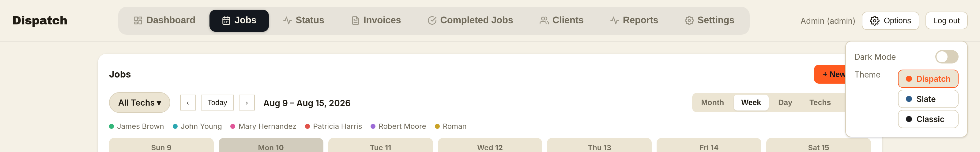 Theme picker showing Dispatch, Slate, and Classic color options