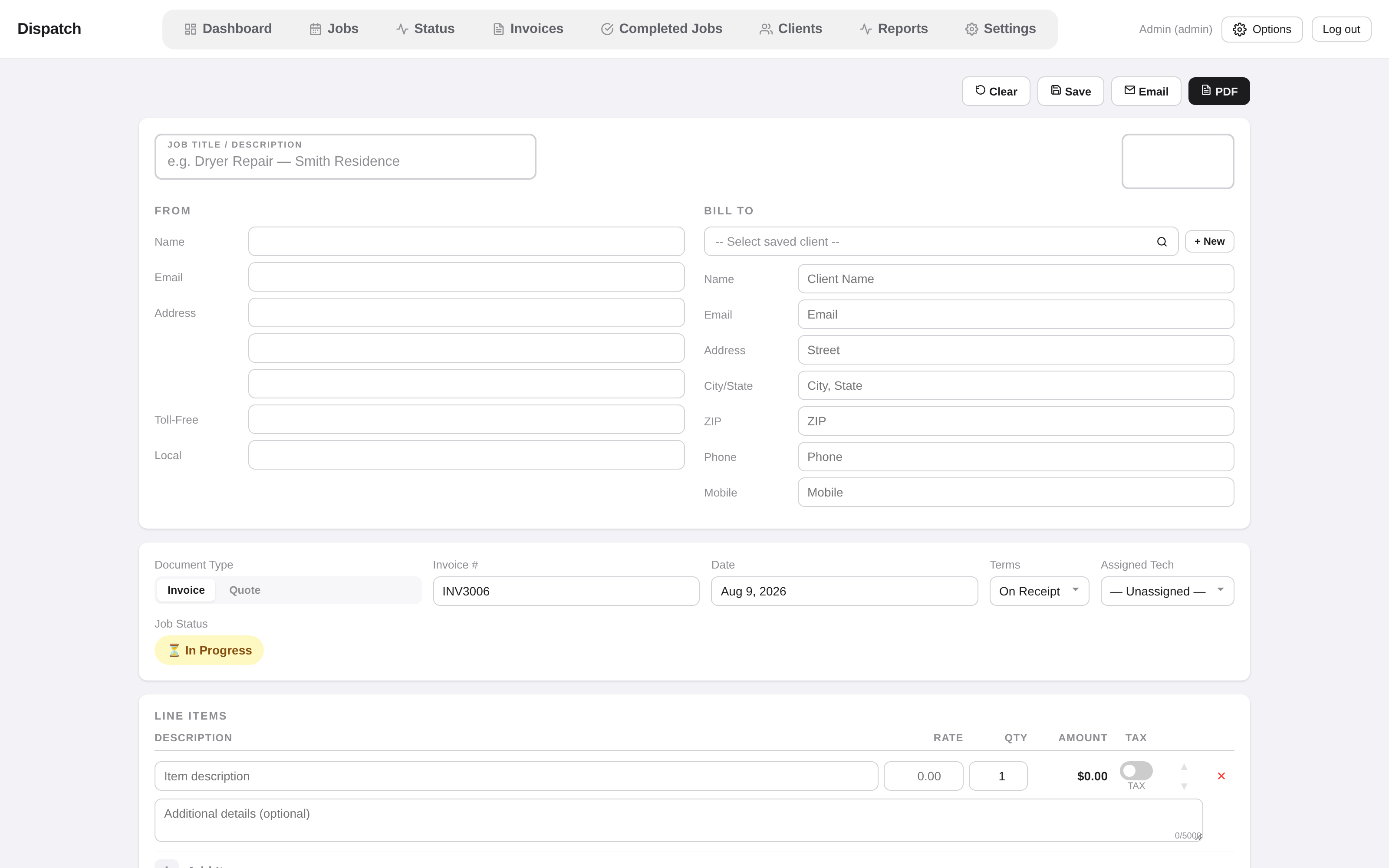 New invoice form with line items, tax, client details, and signature capture